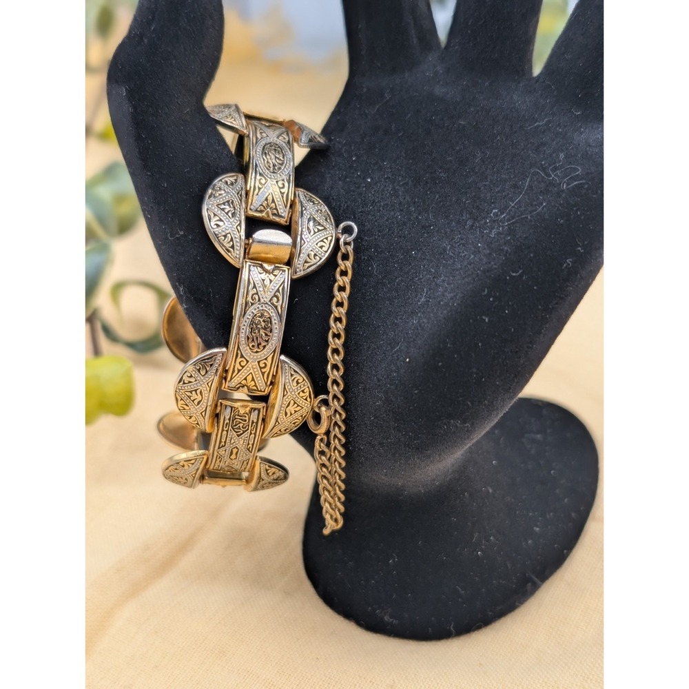 Toledo Damascene Link Bracelet Gold Black Silver Inlay Geometric Boho Vintage